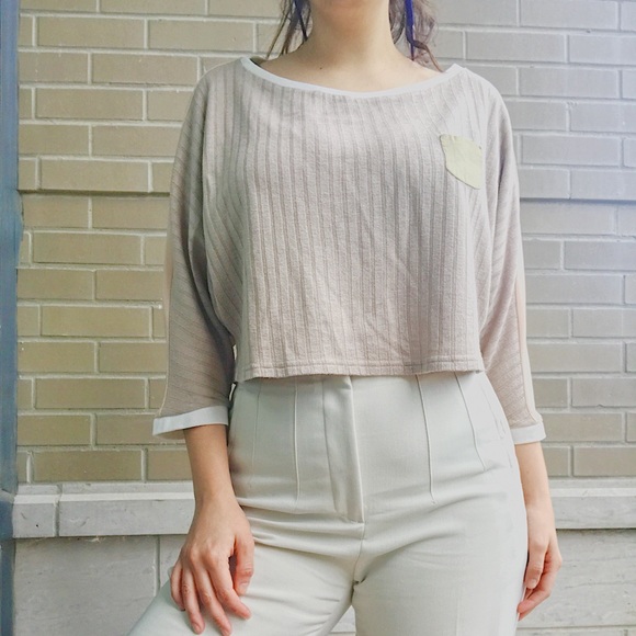 Unique Tan Knit and Chiffon Bat-wing Crop Blouse - Picture 1 of 10